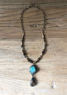 Earthy turquoise and Tiger’s Eye handsoldered drop on a handbeaded blend of Tiger’s Eye, Mala and heishi. -17” adjustable length Peace Necklace, Eye Pendant, Old Soul, Gold Cross, Hand Beading, Antique Gold, Vintage Designs, Turquoise, Pendant