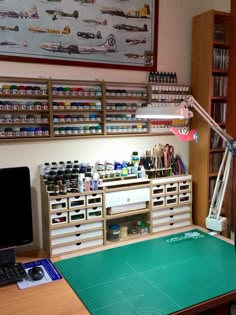 a workbench with lots of crafting supplies on it