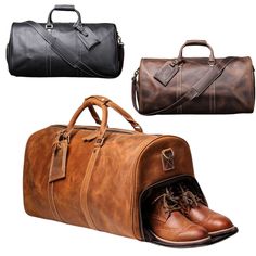 Discover the perfect blend of style and functionality with our Men's Leather Duffle Bag with Shoe Compartment. Designed to meet the needs of modern travelers, this bag combines European and American retro aesthetics with practical features, ensuring you travel with elegance and convenience. Key Features: High-Quality Material: Crafted from genuine top layer cowhide leather, ensuring durability and a sophisticated look. Spacious Capacity: Offers a generous 20-35L capacity, perfect for weekend get Classic Large Capacity Duffle Bag For Trip, Leather Satchel Luggage For Travel, Classic Leather Travel Bag For Trips, Leather Luggage With Sleeve For Trip, Functional Business Travel Accessories With Luggage Sleeve, Leather Satchel Luggage For Trips, Leather Travel Bag With Luggage Sleeve, Leather Business Travel Bag With Luggage Sleeve, Leather Satchel Travel Bag For Business Trips