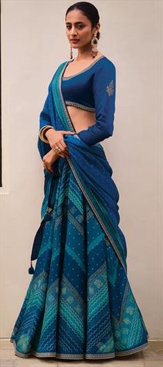 Blue color Lehenga in Silk fabric with Bandhej, Digital Print, Embroidered, Thread work Luxury Royal Blue Traditional Wear With Zari Weaving, Blue Cutdana Lehenga In Traditional Drape, Blue Traditional Wear With Drape For Reception, Blue Unstitched Blouse For Reception, Blue Traditional Wear With Unstitched Blouse For Reception, Blue Dupatta For Reception With Traditional Drape, Blue Cutdana Dupatta For Reception, Blue Traditional Drape Dupatta For Reception, Blue Sharara With Motifs And Traditional Drape