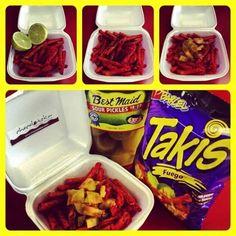 four pictures show different types of food in plastic containers and on the table is a bag of chips