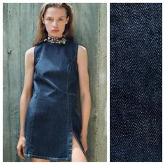 Nwt. Zara Trf Dark Indigo Denim Sleeveless Fitted Mini Dress With Round Neckline. Opening With Zipper At Hem. Back Metal Zip Closure. Size Xxl. Ref. 3643/180. Pit To Pit 21,5" Flat, Shoulders 13,5", Waist 18", Length 35". Necklace Not Included In Purchase. B Trendy Fitted Sleeveless Denim Dress, Zara Mini Dress, High Neck Mini Dress, Strappy Mini Dress, Zara Mini, Fitted Mini Dress, Indigo Denim, Oxford Dress, Zara Sweater