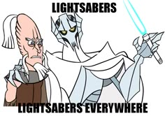 a cartoon character holding a light saber next to another character with an angry look on their face