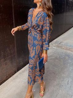 Women's Polyester Graphic Print V Neck Maxi Dress Long Sleeve Spring Fall 2024 - $29.99 Holiday Clothes, Dream Closets, Printed Wrap Dresses, Long Sleeve Short Dress, Wardrobe Inspiration, Daily Dress, Formal Attire, Formal Gowns, Embroidered Dress