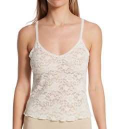 This sexy, see-through lacy camisole features an exquisite floral design and picot elastic trim along V-neckline. V-neckline and scoop back have elastic edge with picot trim. Sheer lace knit features jacquard flowers. Elastic straps with picot trim do not adjust. Hem has curly "lettuce" edges. Lightweight knit is great for warmer temperatures. Perfect for layering. Pullover styling. Please note: Model is wearing nipple covers (not included) for modesty. Hanky Panky Women's Daily Lace Camisole in Fitted V-neck Lace Top Camisole, Fitted Sleeveless Tank Top With Delicate Lace, Elegant Tank Top With Lace Trim, Sheer Fitted Cami Lace Top, Fitted Tank Lace Top With Delicate Lace, Fitted Sheer Lace Cami Top, Fitted Sheer Lace Camisole Top, Scalloped Lace Sleeveless Camisole, Spring Lace Camisole Top