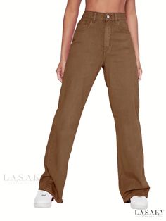 Lasaky - Chic High-Waisted Straight Jeans with Relaxed Fit, High Rise, and Classic Slash Pockets - Womens Denim Apparel Collection High Waist Jeans For Fall, Chic Brown Spring Jeans, Trendy High Waist Brown Jeans, Trendy Brown High Waist Jeans, Trendy Brown High-waist Jeans, Chic High Rise Brown Jeans, High Rise Brown Cotton Jeans, High Waist Brown Cotton Jeans, Brown High Waist Cotton Jeans