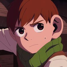 an anime character with red hair and brown eyes wearing a green scarf over his shoulder