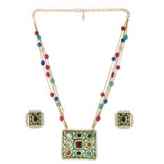 Classic navaratan necklace, which is made of nine gemstone, totally hand made  Ruby, pearl, turquoise , coral, cz, emerald, granite, black onyx, blue sapphire !! Pendent is rectangular shape and has a length  of 2.5 inches total length of necklace is 20 inches, which has ADJUSTABLE chain (22k gold platted ) Necklace has a sassy taste, gives you a royal and classic look, perfect for every women. Made by Ray fineornates Jewellery from India  - for your every type of occasion and mood! ✔ HIGH QUALI Multicolor Gemstone Temple Jewelry Sets, Multicolor Temple Jewelry Pendant Set, Jeweled Kundan Necklace For Gifts, Fusion Style, Temple Jewelry Style Jeweled Necklace As Gift, Fusion Style Jeweled Kundan Necklace Gift, Jeweled Temple Jewelry Necklace As Gift, Temple Jewelry Style Necklace As A Gift, Multicolor Gemstone Jewelry Sets For Celebration, Multicolor Gemstone Jewelry For Diwali