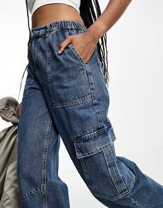 ASOS DESIGN Tall cargo jean in mid blue | ASOS Blue Straight Leg Cargo Jeans With Multiple Pockets, Mid-rise Denim Blue Cargo Jeans With Multiple Pockets, Full-length Denim Cargo Jeans With Multiple Pockets, Relaxed Fit Full-length Cargo Jeans With Side Pockets, Full-length Rigid Denim Cargo Jeans With Pockets, Back To School Checklist, Embellished Denim, Swim Shop, Cargo Jeans