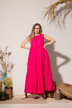 Linen Maxi Dress, Summer Linen Dress, Hot Pink Linen Dress *A true staple piece for every linen wardrobe *Light and breathable, perfect for the hot summer days *Versatile - great from day till night *Easy to match with everything *Combine it with sandals, heels, boots or trainers *Soft-to-touch grain texture *Loose oversized A-line silhouette *Truly maxi length *Clean crew neckline *Small invisible zip fly for easy fit *Rich ruffled tiers of fabric *Practical, deep in-seam pockets *Made from qua Fuschia Summer Dress, Pink Sleeveless Maxi Sundress, Pink Sleeveless Sundress Maxi Dress, Pink Sleeveless Maxi Dress, Pink Maxi Sleeveless Dress, Sleeveless Pink Linen Dress For Summer, Pink Sleeveless Linen Dress, Sleeveless Linen Dress For Vacation, Sleeveless Pink Linen Dress For The Beach