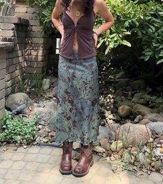 Teal and Brown Ankle Length Floral Skirt Size Small Fitted Ankle-length Maxi Skirt For Summer, Casual Fitted Ankle-length Maxi Skirt, Fitted Ankle-length Casual Maxi Skirt, Teal And Brown Outfit, Long Skirt Outfit, Teal And Brown, Funky Clothes, Long Skirt Outfits, Funky Outfits