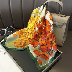 100% Silk Mulberry 27" Square Scarf Women Vintage Neckerchief Wrap Orange Flower Product Photo Ideas, Elegant Evening Wear, Polyester Scarf, Scarf Casual, Square Silk Scarf, Outfit For Women, Casual Hairstyles, Scarf Women, Floral Scarf