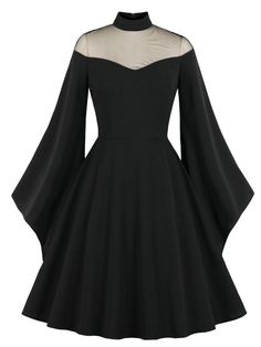 1950s Angel Sleeve Solid Swing Dress – Retro Stage - Chic Vintage Dresses and Accessories Retro Long Sleeve Halloween Dress, Retro Black Fit And Flare Dress, Retro Fitted Halloween Dress, Retro Halloween Fitted Dress, Vintage Fitted Halloween Dresses, Retro Black Cocktail Dress, Gothic Black Vintage Dress For Party, Black Retro Party Dress, Vintage Black Dress For Costume Party