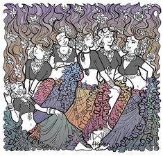 a drawing of women in dresses with long hair