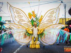 a man dressed as a butterfly walking down the street