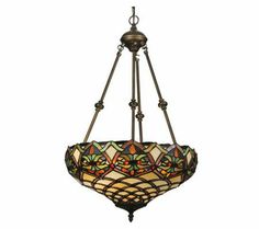 a stained glass chandelier hanging from the ceiling