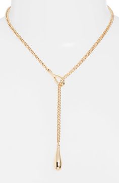 "Find NORDSTROM Droplet Curb Chain Lariat Necklace on Editorialist. A polished teardrop brings focal shine to an elegant lariat necklace composed of gleaming curb-chain links. 16\" length Goldtone plate Imported" Elegant Gold Teardrop Lariat Necklace, 14k Yellow Gold Lariat Drop Necklace, Yellow Gold Drop Lariat Necklace, Elegant Yellow Gold Teardrop Lariat Necklace, Luxury Gold-tone Lariat Chain Necklace, Silver Lariat Necklace, Lariat Necklace Silver, Gold Lariat Necklace, Chain Links