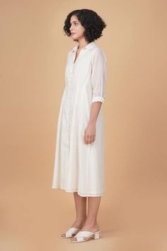 Buy Ivory Cotton Chanderi Embroidered Azisai Shirt Collar Dress For Women by Arcvsh by Pallavi Singh Online at Aza Fashions. Chanderi Dress, Shirt Collar Dress, Stitch Embroidery, Lace Sleeves, Collar Dress, Dress For Women, Shirt Collar, Dress Pattern, Aza Fashion