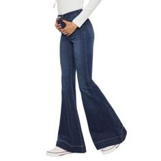 Braelynn high rise super flare flashes a fun versatile piece to your closet. These super stretchy and vibrant indigo flare jeans hug your curves and flare out at the calves for a fresh look. It also features a light whiskering, fading, 5-pocket design, and 1-button zipper fly. | Kancan Women's Braelynn High Rise Stretch Super Flare Jeans, 28 Super Flare Jeans, Dark Jeans, Fresh Look, Hug You, Quince, Pocket Design, Flare Jeans, High Rise, Zipper