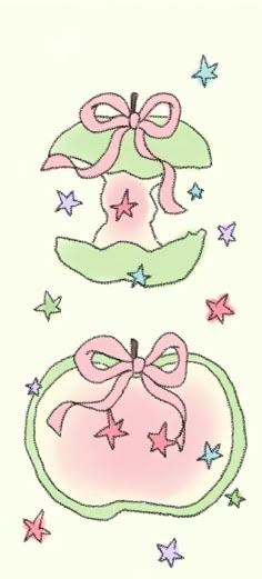 a drawing of a pink and green hat with stars on it's side, next to a bow