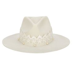 Say I do with this beautiful white cowboy made for any trendy Bride. Your look will be complete with lots of love and this perfect hat to match any dress. Made with 100% wool and a 3.5" brim. Features: Color: Ivory Brim Size: 3.5" Material: 100% wool Size: 57cm Adjustable Wool felt cowboy with ivory lace and hand sewn ivory pearl beads White Fedora With Curved Brim, White Felt Hat With Curved Brim For Beach, White Curved Brim Felt Hat For Beach, White Western Panama Hat With Curved Brim, White Western Panama Hat With Short Brim, White Western Hat With Short Brim, White Panama Hat With Short Brim For Rodeo, Western White Panama Hat For Kentucky Derby, White Fedora Panama Hat For Kentucky Derby