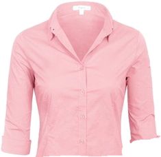 Workwear Blouse With Rolled 3/4 Sleeves, Fitted Solid Color Blouse With Placket, Casual Fitted Blouse With Roll-up Sleeves, Fitted Long Sleeve Blouse With Placket, Fitted Tops With 3/4 Sleeve For Office, Fitted Blouse With Placket, Spring Workwear Blouse With 3/4 Sleeves, Pink 3/4 Sleeve Top For Work, 3/4 Sleeve Tops With Placket For Work