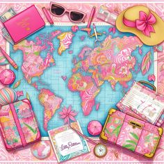 a world map with pink luggage and accessories around it, including sunglasses, a passport, a hat, an eyeglasses, and other items