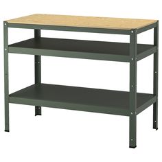 a metal shelf with two shelves on each side and a wooden top, against a white background