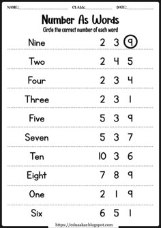 numbers as words worksheet