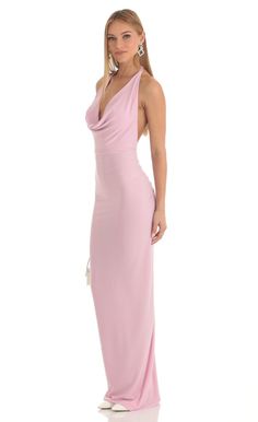 Gathered Back Halter BodyCon Maxi Dress in Pink Baby Pink Dresses, Bridesmaid Ideas, Pink Long Dress, Bodycon Maxi Dress, Halter Top Dresses, Pink Formal Dresses, Lucy In The Sky, Prom Dress Inspiration, Pretty Prom Dresses