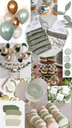 a collage of different green and gold items including balloons, plates, napkins