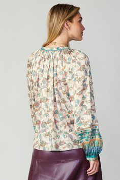 Switch up your look this season with a loose, flowy top in a duet of prints. This one comes in a pretty floral contrasted by an intricate border pattern and pale pink piping. With a split neckline and self-tie detail, it's the perfect way to refresh your wardrobe. •Split neckline with self-tie •Contrast piping •Long sleeves •Slim cuffs with button closure •Relaxed fit Item number 2230053-3 100% Polyester Vegan Leather Midi Skirt, Leather Midi Skirt, Border Pattern, Contrast Piping, Flowy Top, Border Print, Flowy Tops, Pink Blouse, Print Blouse