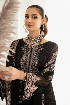 Brand: RamshaCollection: Rangoon Volume 11 Luxury Chiffon CollectionFabric: Chiffon DESIGN DETAILS: Embroidered Chiffon Front With Sequins Embroidered Chiffon Back With Pasting Embroidered Chiffon Sleeves With Pasting Embroidered Organza Sleeves Lace Embroidered Organza Ghera Lace Embroidered Chiffon Dupatta – 2.5 Yard Raw Silk Trouser – 2.5 Yard Embroidered Organza Trouser Lace DISCLAIMER:* Lining, Laces, and Tassels are not included in unstitched variants.* Embellishment items in stitched outf Black Dupatta, Pakistani Designer Clothes, Pakistani Style, Chiffon Sleeves, Organza Sleeves, Lehenga Skirt, Chiffon Collection, Embroidered Bodice, Embroidered Chiffon