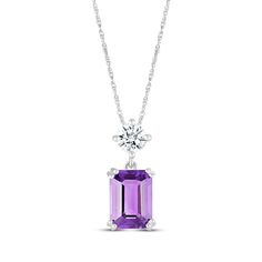 A dreamy amethyst and a hint of sparkle make this necklace a fabulous complement to her style. Crafted in 10K white gold An emerald-cut amethyst makes a big impression, dangling from a round-cut white lab-created sapphire The pendant suspends along an 18-inch rope chain that secures with a spring ring clasp Purple Prong Setting Formal Necklaces, Elegant Purple Necklace With Prong Setting, Classic Purple Necklace For Anniversary, Purple Prong Set Necklace For Anniversary, Purple Necklace With Prong Setting For Anniversary, Purple Amethyst Necklace With Prong Setting, White Lab, Sapphire Necklace, Accessories Jewelry Necklace