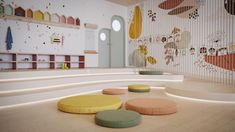 the interior of a children's playroom with various colored stools and toys