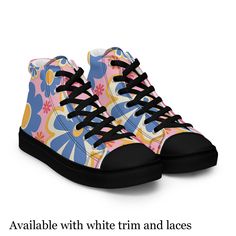 Elevate your style with our women's high top sneakers featuring a hippy flower print, perfect for casual wear and athleisure. These women's canvas sneakers make a unique gift idea, combining comfort and vibrant design for an eye-catching look. ⛅️ 100% polyester canvas upper side ⛅️  Ethylene-vinyl acetate (EVA) rubber outsole ⛅️ Breathable lining, soft insole ⛅️  Faux leather toe cap ⛅️  Padded collar, lace-up front YOU MIGHT ALSO LIKE ⛅️ YOGA CAPRI SEAWEED PRINT  https://throughthecloud.etsy.co Spring High-top Sneakers For Streetwear With Speckled Midsole, High-top Sneakers With Speckled Midsole For Spring Streetwear, Spring Streetwear High-top Sneakers With Speckled Midsole, Summer High-top Lace-up Sneakers With Vulcanized Sole, Summer Lace-up High-top Sneakers With Vulcanized Sole, Summer Vulcanized Sole High-top Lace-up Sneakers, Trendy Summer High-top Sneakers With Round Toe, Summer Vulcanized High-top Lace-up Sneakers, Trendy High-top Sneakers With Round Toe For Summer