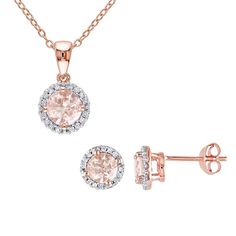 This beautiful Stella Grace earring and pendant necklace set is crafted with 18k rose gold over sterling silver, morganite stones, and genuine diamond halos. This beautiful Stella Grace earring and pendant necklace set is crafted with 18k rose gold over sterling silver, morganite stones, and genuine diamond halos.Click on this JEWELRY & WATCHES GUIDE to learn about fit, styles, materials and more! Includes: 1 pair of earrings and 1 pendant necklace Clasp: spring-ring Nickel free Metal: sterling Rose Gold Round Pendant Jewelry With Prong Setting, Fine Jewelry Rose Gold Necklace With Halo Design, Fine Jewelry In Rose Gold With Matching Earrings, Rose Gold Diamond Cut Pendant Jewelry, Rose Gold Brilliant Cut Fine Jewelry, Rose Gold Sterling Silver Jewelry With Prong Setting, Rose Gold Jewelry With Halo Design Round Pendant, Diamond Necklace With Matching Earrings, Round Shape, Rose Gold Jewelry With Halo Design For Gift