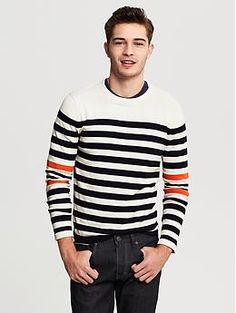 Multi-Stripe Cotton Crew - Banana Republic White Tops With Striped Hem For Fall, Classic Fall Tops With Contrast Stripes, White Horizontal Stripe Top For Work, White Striped Hem Top For Work, Classic Horizontal Stripe Tops For Fall, Classic Fall Tops With Horizontal Stripe Pattern, White Tops With Striped Collar For Fall, Classic Fall Tops With Horizontal Stripes, White Striped Cuffs Top For Fall