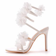 Details: Style:?Elegant, Sexy Embellishment: Appliques Heels Type: Stiletto Heel height: 4.13inch Closure Type: Slip-On Toe: Open Toe? Upper Material: PU Leather Sole Material: Rubber Lining Material: PU Leather White Sandals With 4-inch Heel For Prom, White Sandals For Summer Prom, Spring Wedding High Heels, White Open Heel Sandals For Party, White High Heel Sandals For Party, White Open Toe Party Heels, White Round Toe Heels For Party, White Heels For Spring Party, White Pointed Toe Sandals For Prom