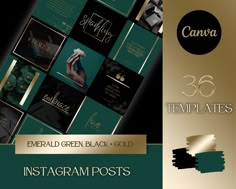 the instagram posts are designed with gold and green