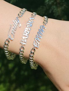 *WELCOME TO MY SilverChainDesing SHOP* Celebrate special moments with our Personalized Custom Name Bracelet. Crafted from premium Sterling Silver, this custom curb chain bracelet is designed for women and baby girls, offering a unique and stylish touch. Ideal as a birthday gift for moms or a special keepsake, this bracelet combines elegance with personal flair. Key Features: Material: Sterling Silver Design: Custom Name Curb Chain Bracelet Width: 5.40 mm Perfect For: Women, Baby Girls, Birthday Personalized Sterling Silver Name Bracelet, Sterling Silver Name Bracelet Jewelry, Customizable Sterling Silver Name Bracelet Gift, Dainty Sterling Silver Custom Name Bracelet, Sterling Silver Custom Name Bracelet For Anniversary, Sterling Silver Nameplate Bracelet For Gift, Sterling Silver Nameplate Bracelet As Gift, Customizable Sterling Silver Name Bracelet, Personalized Sterling Silver Name Bracelet For Mother's Day