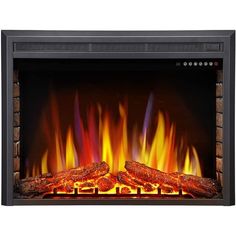 an electric fireplace with bright flames