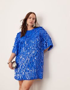 ASOS EDITION Curve embellished 3D sequin t-shirt mini dress in blue | ASOS Sequin T Shirt Dress, Mardi Gras Outfits, Blue Sequin Dress, Color Season, Sequin Party Dress, Mini Shirt Dress, Embellished Dress, Dress Details, Blue Fashion