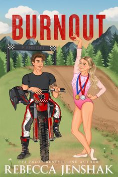 the cover of burnout, featuring a woman on a motorcycle and a man standing next to her