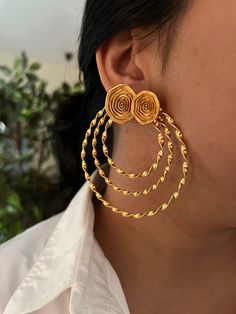 Complement your personality with this gorgeous pair of handcrafted hoops. One of a kind designer piece by Shivka! Product Details: Material: Made of high-quality brass.  Dimensions: Weight per Pair:  34 grams Length:  8 cm Width:  7 cm Closure Type: Push Back Closure  Pick them up and make a stunning statement! Gold Round Hoop Earrings, Handmade Gold-tone Brass Hoop Earrings, Handmade Brass Gold-tone Hoop Earrings, Brass Chandbali Hoop Earrings, Earrings Aesthetic, Quirky Earrings, Jewelry Making Earrings, Color Schemes Colour Palettes, Big Earrings