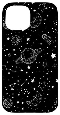 a black and white phone case with stars and planets on it