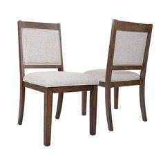 two wooden chairs with upholstered backrests and beige fabric seat cushions on white background