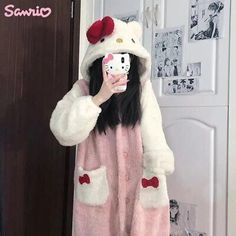 Top Rated Hello Kitty Plush Loungewear Pajamas Robe Hooded Pajamas Plush Long Nightgown, women clothing Sanrio Outfits, Home Clothes Women, Sanrio Clothes, Cute Nightgowns, Kawaii Pajamas, Mha Dr, Long Nightdress, Kitty Clothes, Hello Kitty Clothes