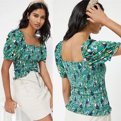 Dolan Left Coast For Anthropologie Smocked Puff-Sleeved Top Features A Whimsical Tropical Print And Playful Puffed Sleeves. Elasticized Shoulders And Cuffs. Square Neckline With Smocked Bodice. Pullover Styling. Perfect To Style With Denim, Shorts Or Skirts. This Top Will Quickly Become Your Favorite Warm Weather Staple. Condition: Brand New Without Tags. Never Worn, Perfect Condition. Size: X-Small, Small, And Medium Available Color: Green/Multi Approximate Measurements (When Laid Flat): Size X Casual Green Tops With Gathered Sleeves, Fitted Smocked Top With Balloon Sleeves, Summer Balloon Sleeve Top With Smocked Cuffs, Summer Balloon Sleeve Puff Top With Smocked Cuffs, Fitted Smocked Top With Balloon Sleeves And Smocked Cuffs, Green Smocked Top With Short Sleeves, Green Puff Sleeve Smocked Top, Stretch Smocked Puff Sleeve Blouse, Fitted Smocked Top With Puff Sleeves