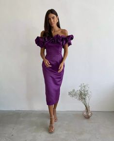 1. Bust = ___ cm/inches.2. Waist = ___ cm/inches.3. Hips = ___ cm/inches.4. Height (from top of head to the floor without your shoes) =___ cm/inches.5. Hollow to floor with shoes =___ cm/inches. Floor-length Ruffled Evening Dress For Banquet, Purple Dresses For Banquet And Prom Season, Spring Bridesmaid Fitted Ruffle Dress, Purple Ruffled Gown For Party, Purple Party Gown With Ruffles, Fitted Purple Maxi Dress For Banquets, Sleeveless Ruffled Gown For Banquet, Purple Maxi Dress For Wedding Party Season, Purple Ruffled Evening Dress For Wedding